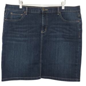 Ruff Hewn Dark Wash Denim Jean Skirt Size 16 Stretch Knee Length Back Slit EUC